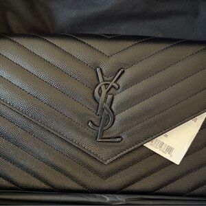YSL Grain De Poudre Matelasse Chevron Monogram Monochrome Chain Wallet Black